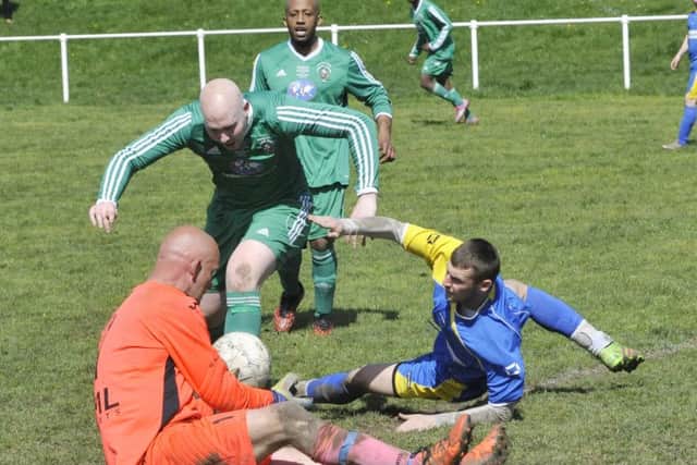 Goalmouth action between Chapeltown Fforde Grene and West Leeds Farnley. PIC: Steve Riding