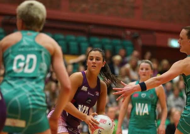 Jess Shaw in action for Yorkshire Jets at Celtic Dragons. PIC: Welsh Netball