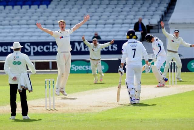 Yorkshire's Steven Patterson gets the wicket of Hampshire batsman James Vince. Picture: Simon Hulme