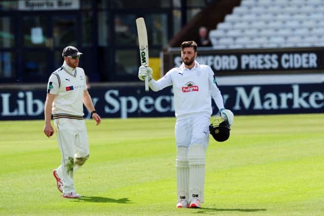 Hampshire batsman James Vince celebrates his hundred on day three at Headingley. Picture: Simon Hulme
