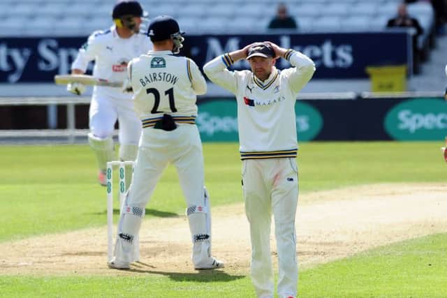Yorkshire's Adam Lyth shows his frustratio on day three at Headingley. Picture: Simon Hulme.