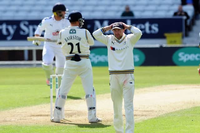 Adam Lyth puts his hands to his head in torment after Yorkshire went close to claiming a Hampshire wicket (Picture: Simon Hulme).