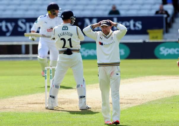 Adam Lyth puts his hands to his head in torment after Yorkshire went close to claiming a Hampshire wicket (Picture: Simon Hulme).