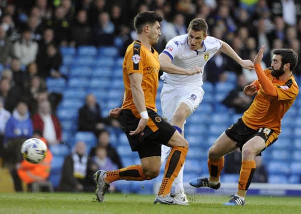 Chris Wood gets a shot in on goal past Danny Batth.