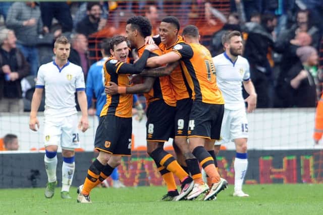 Hull City's players celebrate their second goal. Picture: Simon Hulme.