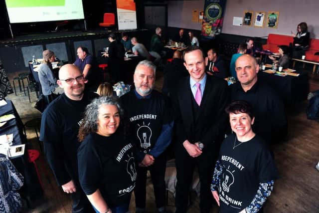 The Independent Food and Drink Academy launches at  Belgrave Music Hall in Leeds. Pictured are Guy Lincoln and Sofia Robelo from Leeds Beckett University, Andrew Critchett from Fish&, Andrew Cooper from Leeds BID, Sue Burgess and Stuart Miller from Leeds City Council.