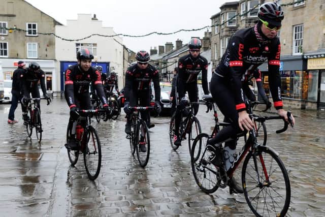 Riders prepare to leave the Buttercross in Otley enroute to Doncaster.
NFTO Pro Cycling Team on a recce of Stage 2 of the 2016 Tour de Yorkshire from Otley to Doncaster.  14 January 2016.  Picture Bruce Rollinson