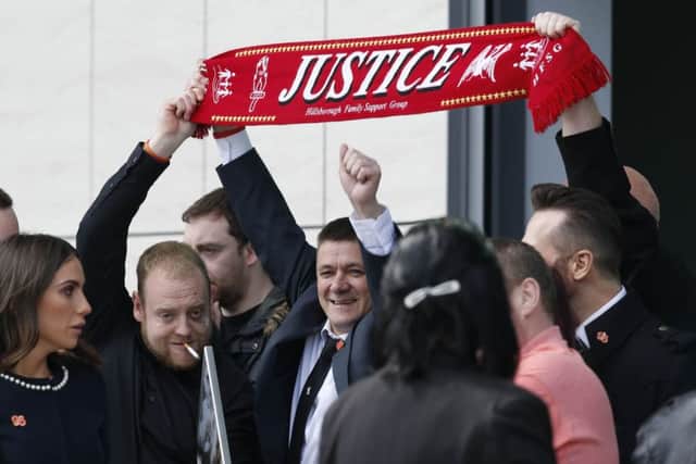 Relatives of the victims who died in the Hillsborough disaster outside the Hillsborough Inquest in Warrington, where the inquest jury concluded that the 96 Liverpool fans who died in the Hillsborough disaster were unlawfully killed.
