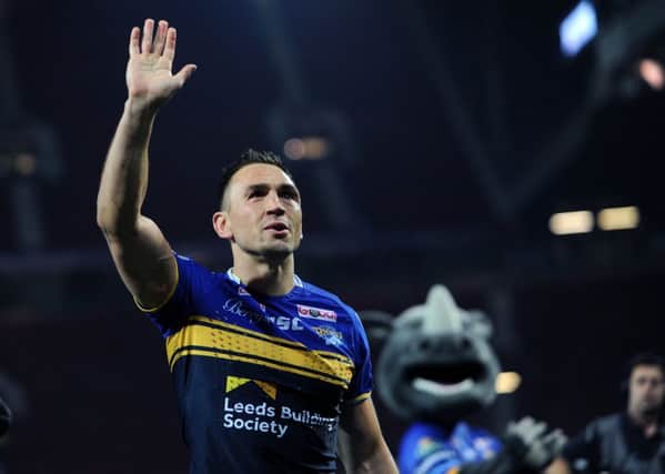 CHEERIO: Kevin Sinfield waves goodbye to fans at the end of the grand final at Old Trafford last year. 
PIC: Jonathan Gawthorpe