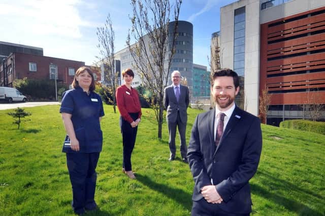 Ben Feely, fundraising manager at Maggie's (right) at the site of the proposed Maggie's Yorkshire centre at St James's Hospital with Kate Smith, head nurse on the oncology clinical services unit, Karen Henry, lead cancer nurse at the Leeds Cancer Centre, and Sean Duffy, strategic clinical lead at the Leeds Cancer Centre. Picture by Tony Johnson.