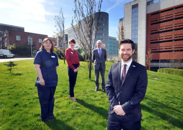 Ben Feely, fundraising manager at Maggie's (right) at the site of the proposed Maggie's Yorkshire centre at St James's Hospital with Kate Smith, head nurse on the oncology clinical services unit, Karen Henry, lead cancer nurse at the Leeds Cancer Centre, and Sean Duffy, strategic clinical lead at the Leeds Cancer Centre. Picture by Tony Johnson.