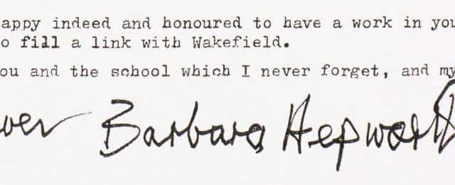 An excerpt of a letter from Barbara Hepworth to her friend, the headmistress of Wakefield Girls High School, Miss Knott, on presentation of a specially made sculpture for her in 1973.