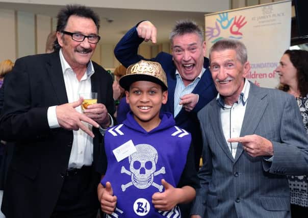 Junior Frood with the Chuckle Brothers and Billy Pearce.
5th May 2016.
Picture : Jonathan Gawthorpe