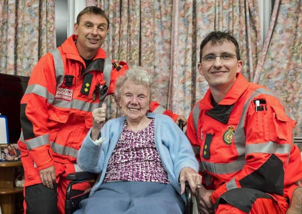 Rose Smiles meets the Yorkshire Air Ambulance paramedics Tony Wilkes (left) and Paul Holmes.
Picture: Chirs North