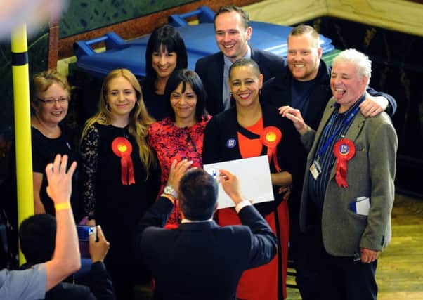 Leeds City Council local election results.
Labour's Alison Lowe (centre) poses for photos after winning the Armley ward.
6th May 2016.
Picture : Jonathan Gawthorpe
th May 2016.