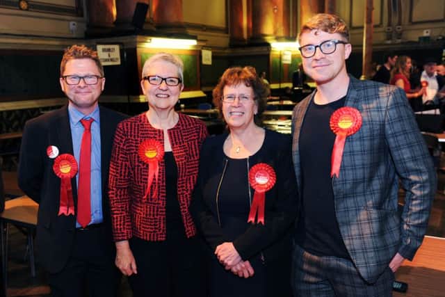 Leeds City Council local election results.
Labour's Al Garthwaite (2nd left), with Neil Walshaw, leader of Leeds City Council Judith Blake and Jonathan Prior, after winning the Headingley ward.
6th May 2016.
Picture : Jonathan Gawthorpe