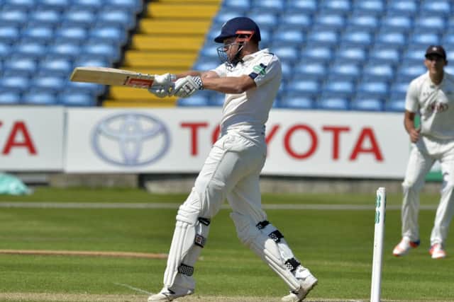 Jonny Bairstow hits a boundary off a Ravi Rampaul delivery at Headingley on day two.  Picture: Bruce Rollinson.