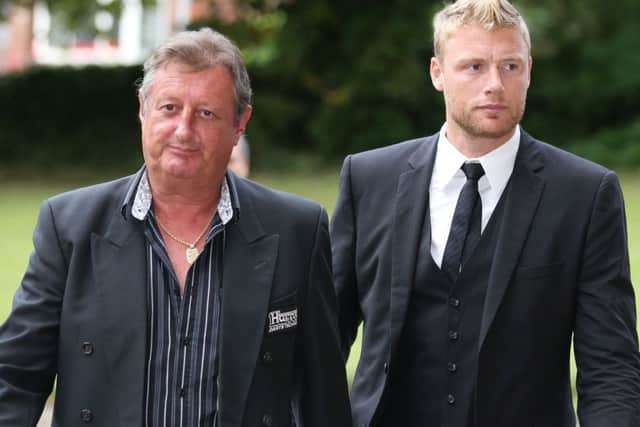 Eric Bristow (left) and Andrew Flintoff , arrive at Pudsey Parish Church for Sid Waddell's funeral in 2012. (Picture: PA).