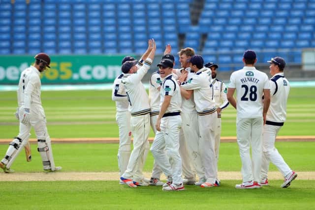 CLOSING IN: 
Yorkshire's Steven Patterson celebrates taking the wicket of Surrey's Ben Foakes late on on day four at Headingley. 
Picture: Jonathan Gawthorpe.
