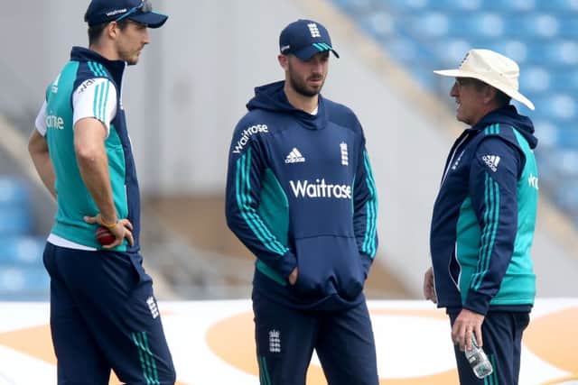 BIG MOMENT: Englands Steven Finn, left, James Vince and coach Trevor Bayliss during nets at Headingley yesterday. Picture: Simon Cooper/PA.