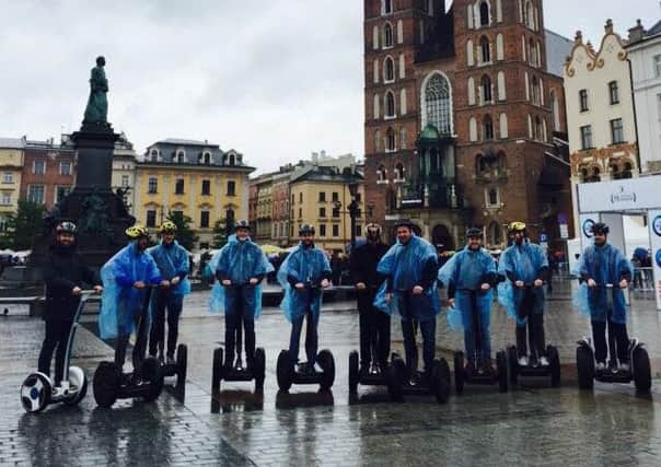 The stag party in Krakow, Poland. See Masons copy MNSTAG: This is the hilarious moment a drunken reveller falls off a Â£6,000 segway and watches helplessly as it rolls into a river. Reece Humphreys, 30, was on a stag-do in Krakow, Poland, when he stupidly tried to ride the off-road model up a grassy embankment. Luckily, his fellow stags were on hand to video the whole thing - and laugh manically as his segway met a soggy end.