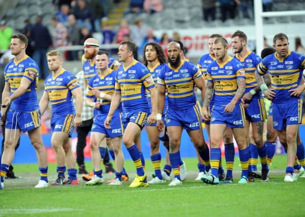 Leeds Rhinos players show their frustration at the final hooter at Newcastle.