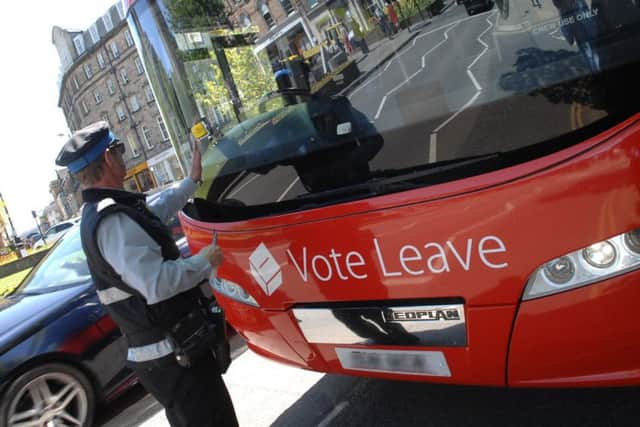 The Vote Leave battle bus gets a parking ticket on its visit to Harrogate. Picture: Adrian Murray (1605243AM3)