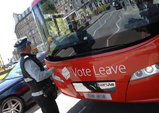 The Vote Leave battle bus gets a parking ticket on its visit to Harrogate. Picture: Adrian Murray (1605243AM3)