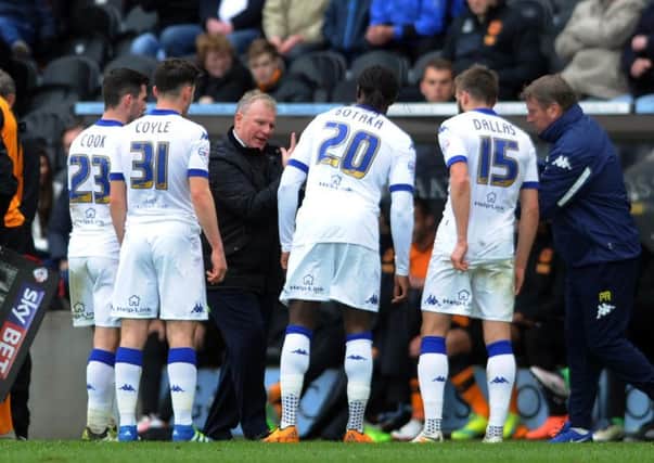 Leeds coach Steve Evans talks to the players. Picture: Simon Hulme.