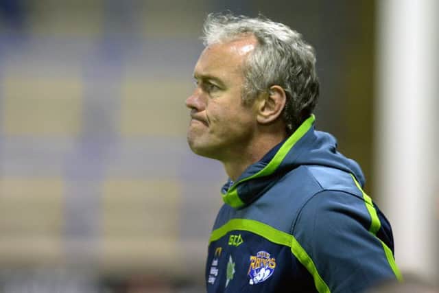 Leeds Rhinos' coach Brian McDermott can only stand and watch as his side slumped to another heavy defeat.  Picture: Bruce Rollinson