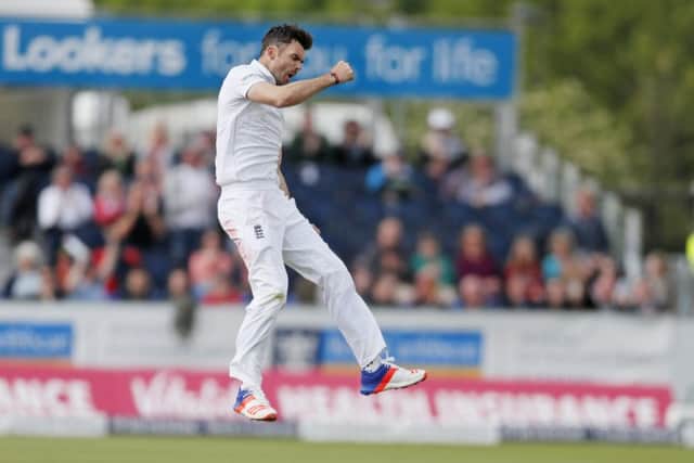 James Anderson celebrates the wicket of Sri Lanka's Angelo Mathews at the Emirates Riverside. Picture: Owen Humphreys/PA.