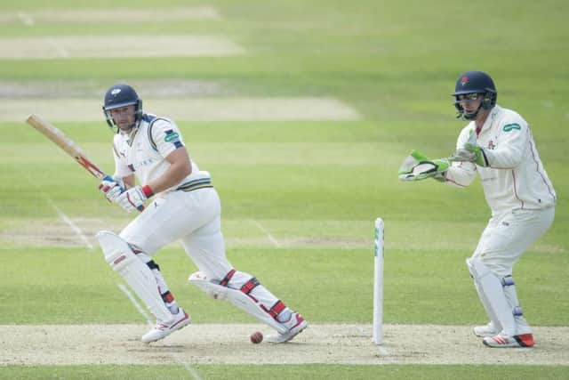 Yorkshire's Tim Bresnan hits out on his way to a half-century for to help stabalise the innings against Lancashire. Picture: Allan McKenzie/SWpix.com