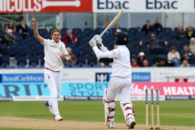 England's Stuart Broad celebrates after bowling out Sri Lanka's Dinesh Chandimal. Picture: Richard Sellers/PA.