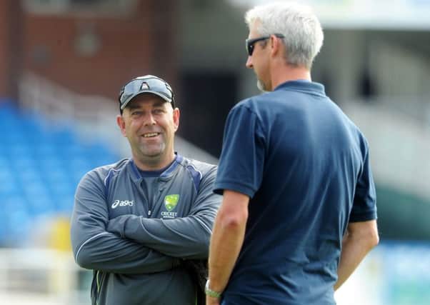 Darren Lehmann during practice on the Headingley pitch ahead of the one day international against England chatting to Yorkshire coach Jason Gillespie.