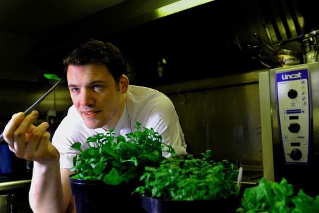 18/3/15  Tommy  Banks  Head Chef  at the Black Swan at Oldstead checking on  some herbs in their kitchen  .  (GL1005/27j).