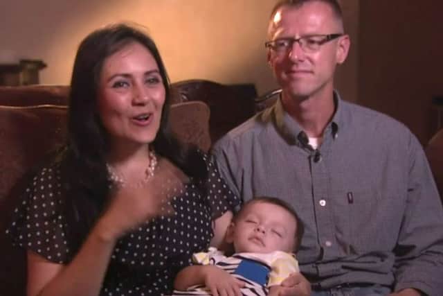 Richard Cushworth and his Salvadoran wife Mercedes Casanellas with their baby son Moses who was originally swapped at birth in El Salvador. Picture: BBC