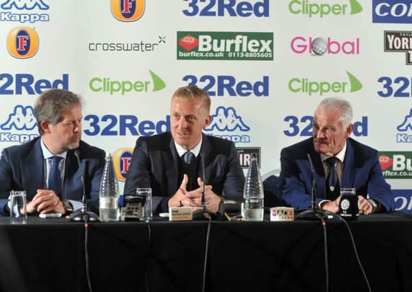 EXCITING: New Leeds United head coach Garry Monk sits alongside new director Niccolo Barattieri, left, and Whites legend Eddie Gray, right. Picture by Tony Johnson.