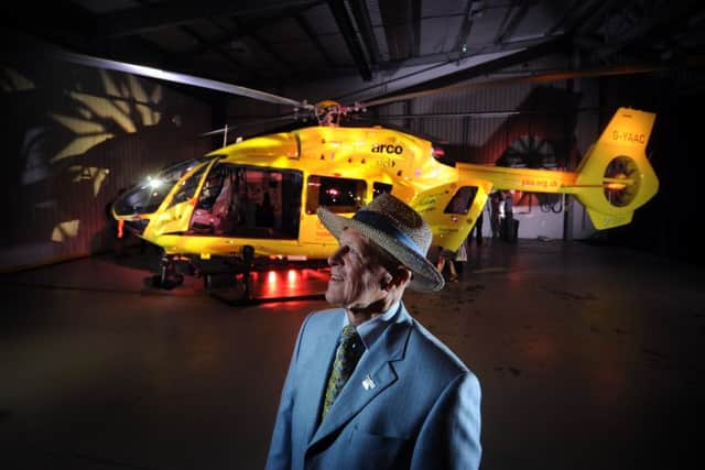 Yorkshire Air Ambulance patron Geoffrey Boycott unveils the new helicopter. Picture by Simon Hulme