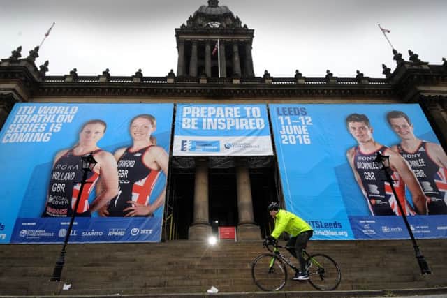 The ITU World Triathlon Series banners are up at Leeds Town Hall. Picture by Simon Hulme.