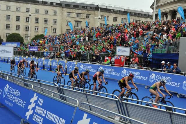 Females cycle through Millenium Square in the 2016 ITU World Triathlon Leeds.  Picture Tony Johnson