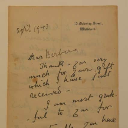 The handwritten note sent from Lady Churchill to Barbara Taylor Bradford in 1943.