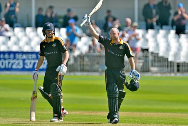 Adam Lyth celebrates his century for Yorkshire Vikings against Northamptonshire Steelbacks at Scarborough (Picture: Bruce Rollinson).