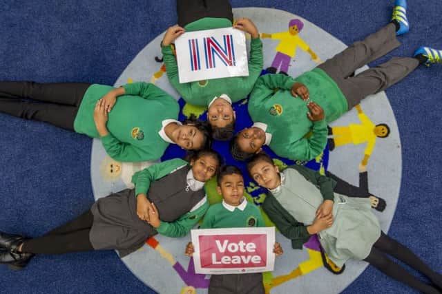 Bankside Primary School, Shepherds Lane, Harehill, Leeds, are holding their own EU Referendum. Pictured (Clockwise Bottom Centre) Yusuf Hussain, 9, Sumayya Ali, 11, Marzana Mollik, 11, Hohammed Fahad, 11, Mutasim Hoque, 11, and Sadiqah Khan, 7. Pictures: James Hardisty