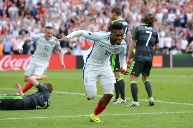 England's Daniel Sturridge celebrates scoring his sides first goal of the game during the UEFA Euro 2016, Group B match at the Stade Felix Bollaert-Delelis, Lens.  Joe Giddens/PA Wire.