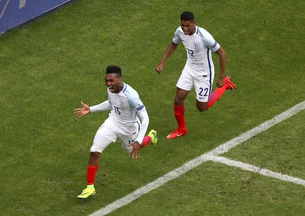 England's Daniel Sturridge celebrates scoring his side's winning goal against Wales. Picture: PA.