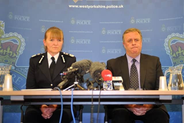 Temporary Chief Constable Dee Collins and Crime Commissioner Mark Burns-Williamson announce at a press conferance that  MP Jo Cox has died after she was shot and stabbed at Birstall Library. Picture Tony Johnson.