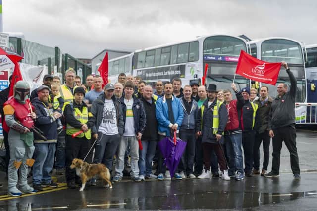 A picket line at First's Hunslet Park depot last Monday.