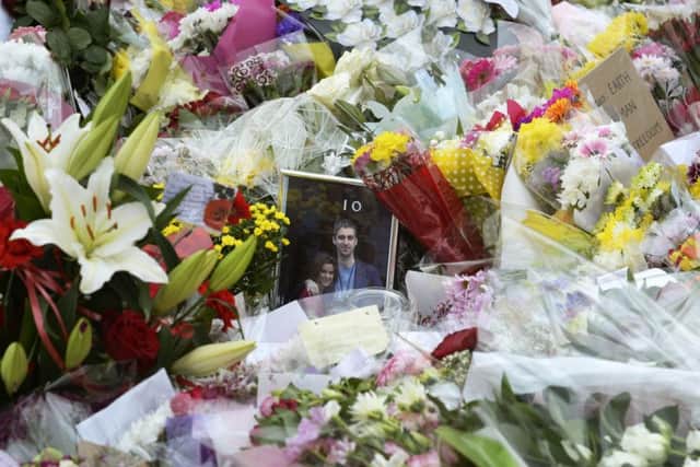 Flowers laid for murdered MP Jo Coxh in Birstall Market Place.