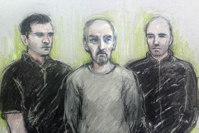 Court sketch of Thomas Mair on his first appearance at Westminster Magistrates' Court. Drawing: Elizabeth Cook