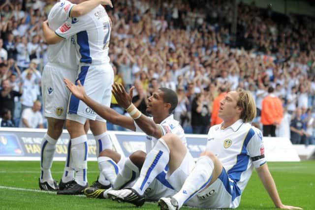 Leeds United striker Jermaine Beckford is congratulated after scoring the opening goal against Exeter on August 8, 2008. Picture: Simon Hulme